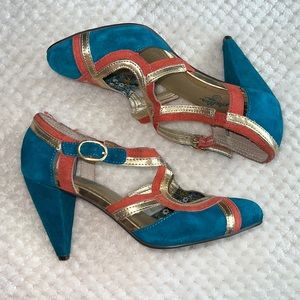 Seychelles Heels Teal Suede Petunia & Gold Women’s 6.5 Vintage Style Art Deco